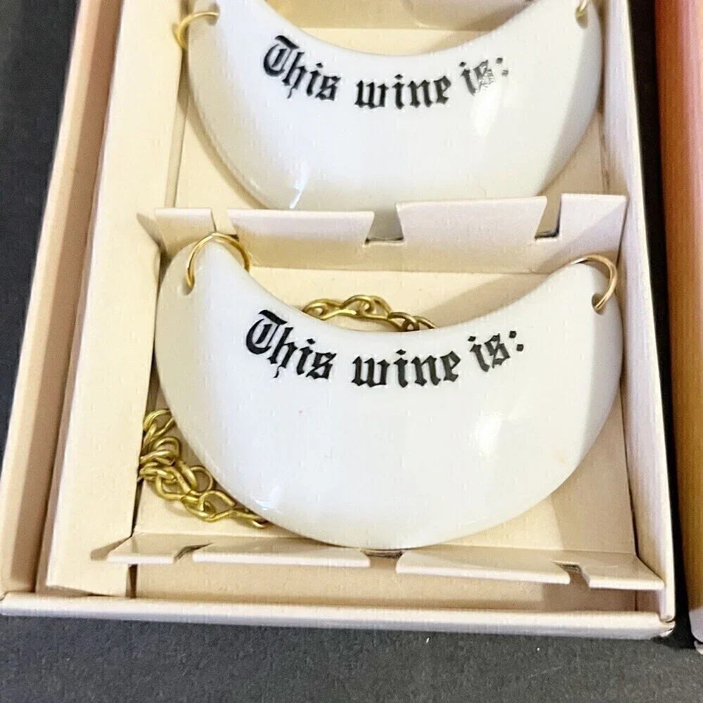 Vintage Shafford 3 White Porcelain Wine Markers Original Box Japan This Wine Is